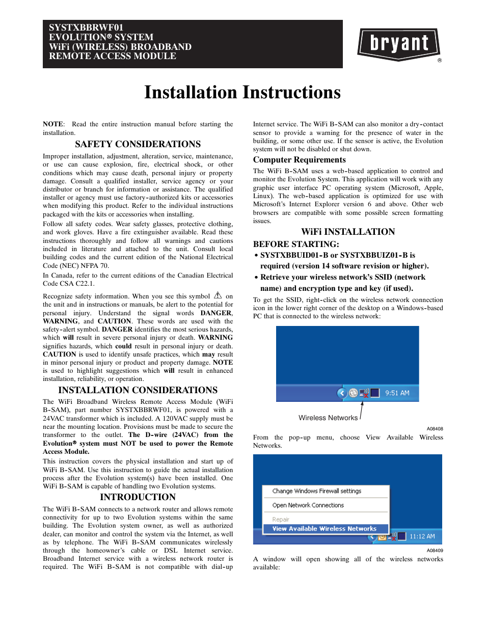 Bryant EVOLUTIONR SYSTEM SYSTXBBRWF01 User Manual | 6 pages
