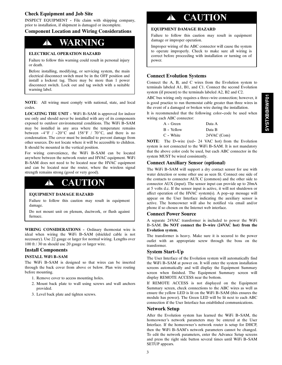 Warning, Caution | Bryant EVOLUTIONR SYSTEM SYSTXBBRWF01 User Manual | Page 3 / 6
