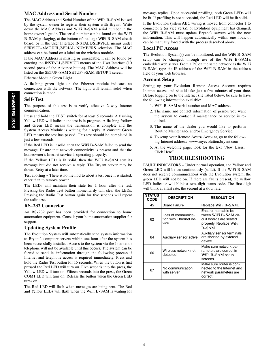 Troubleshooting, Mac address and serial number, Self--test | Rs connector, Updating system profile, Local pc access, Account setup | Bryant EVOLUTIONR SYSTEM SYSTXBBRWF01 User Manual | Page 4 / 6