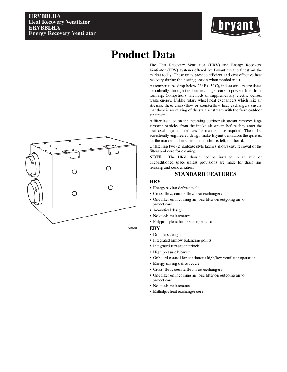 Bryant HEAT RECOVERY VENTILATOR HRVBBLHA User Manual | 10 pages