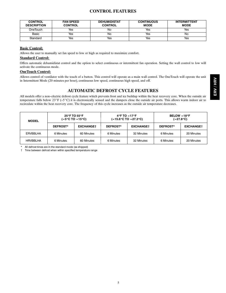 Control features, Automatic defrost cycle features | Bryant HEAT RECOVERY VENTILATOR HRVBBLHA User Manual | Page 5 / 10