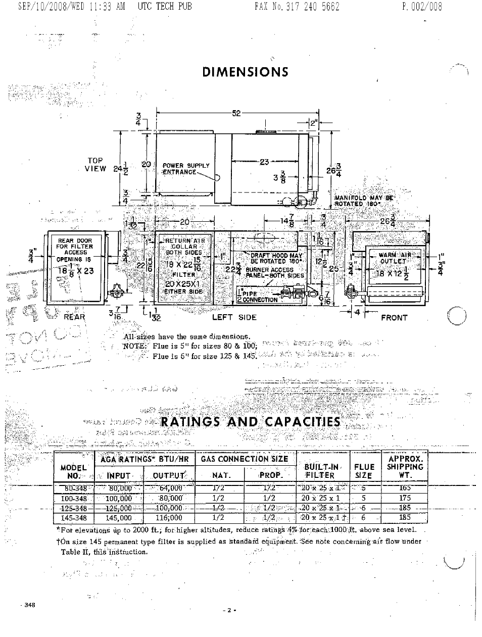 Dimensions, R a tin os an d capacit | e 5 | Bryant SERIES E 348 User Manual | Page 2 / 8