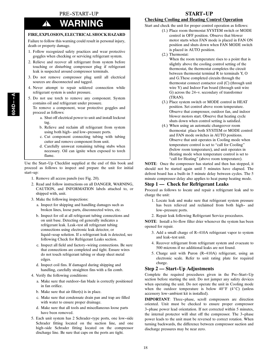 Warning, Pre--start--up, Start--up | Bryant 604D--A User Manual | Page 18 / 52