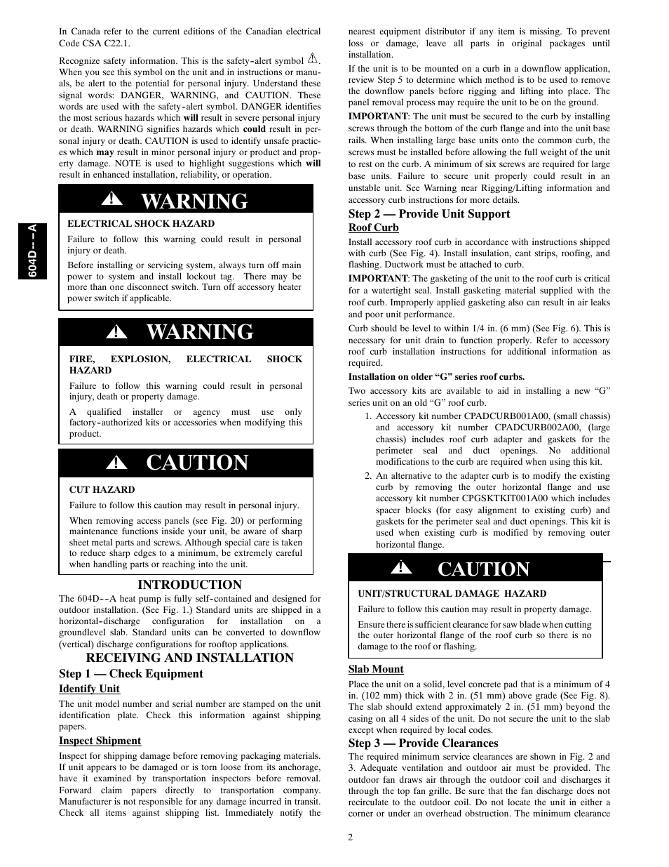 Warning, Caution, Introduction | Receiving and installation | Bryant 604D--A User Manual | Page 2 / 52