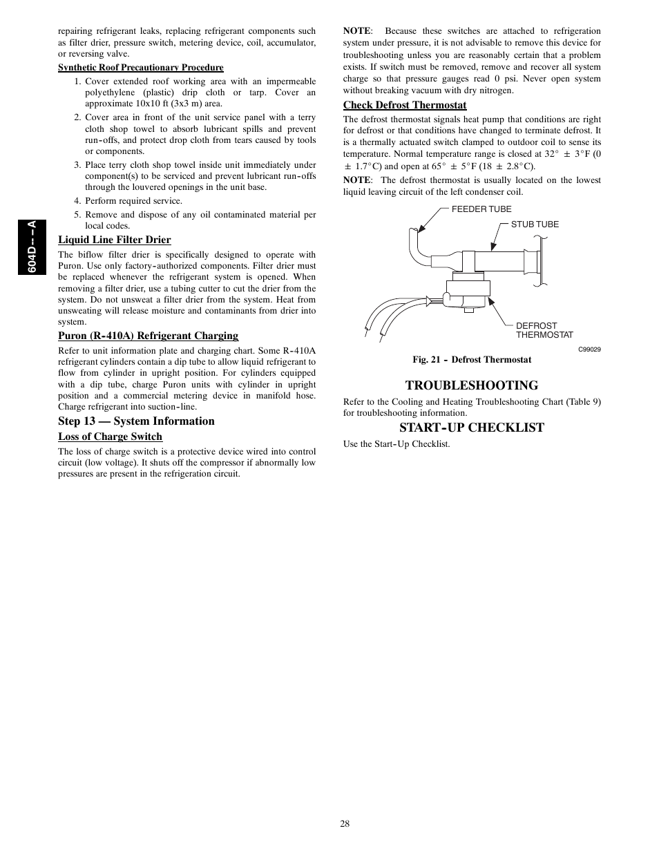 Troubleshooting, Start--up checklist, Step 13 — system information | Bryant 604D--A User Manual | Page 28 / 52