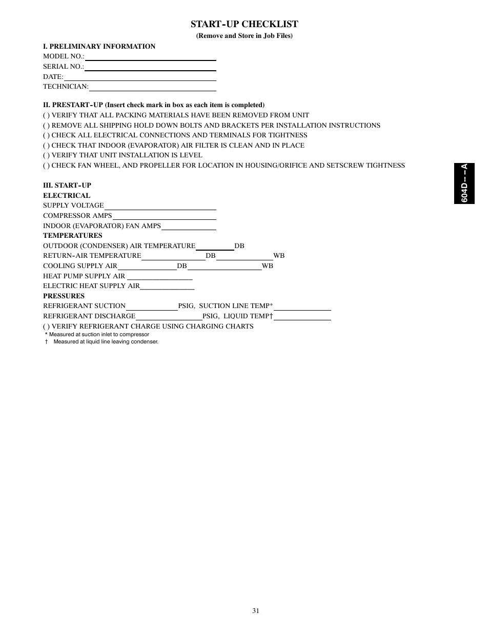 Start--up checklist | Bryant 604D--A User Manual | Page 31 / 52