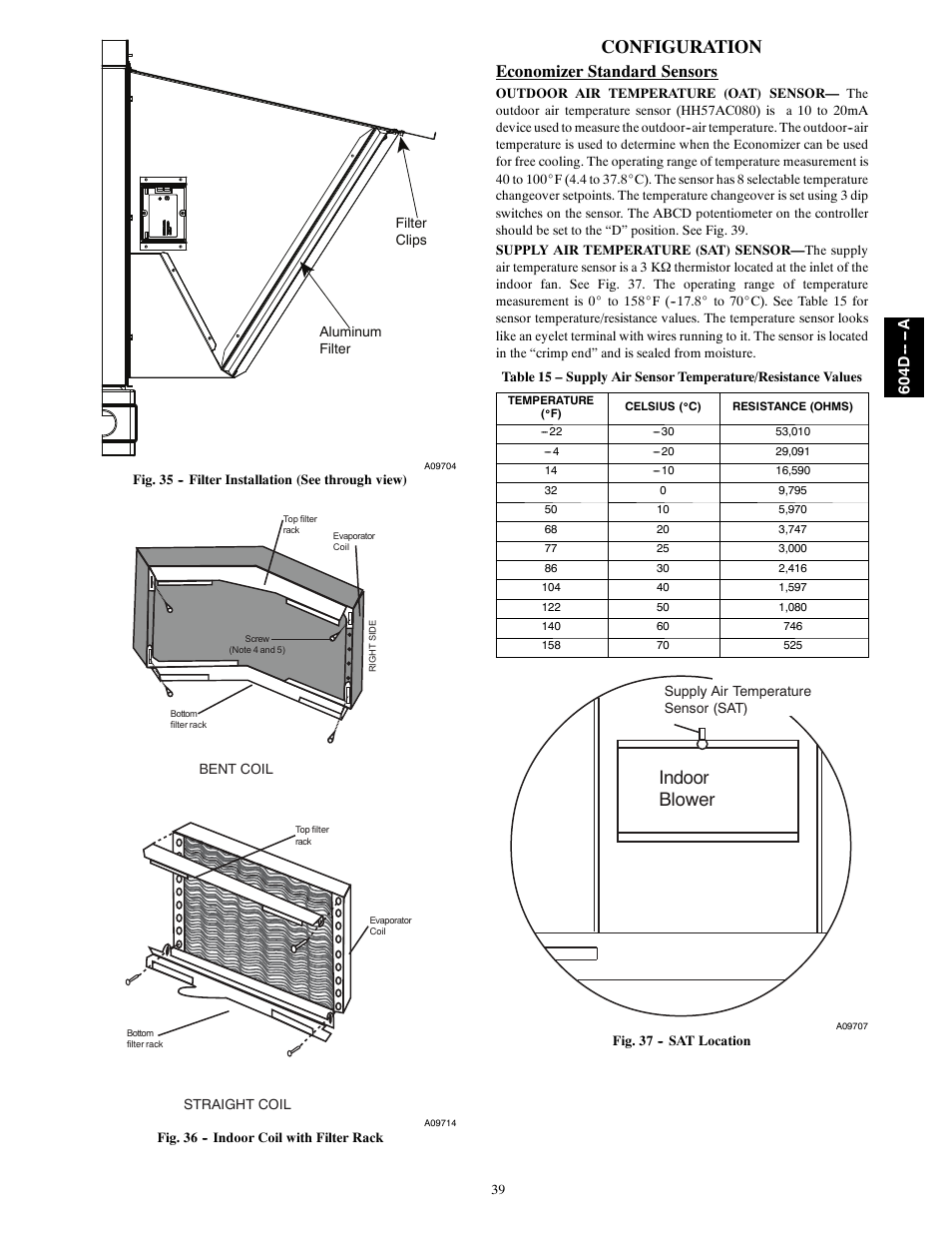 Configuration, Indoor blower, Economizer standard sensors | Bryant 604D--A User Manual | Page 39 / 52