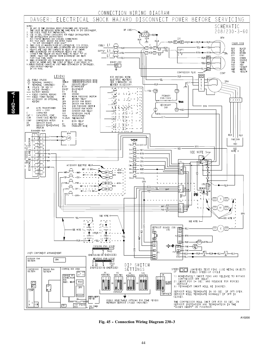 Connection wiring diagram, 604d -- -- a, Dip switch settings | Legend | Bryant 604D--A User Manual | Page 44 / 52