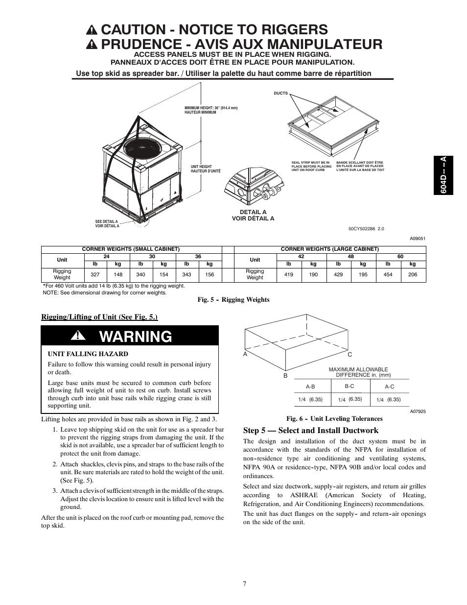 Warning, Step 5 — select and install ductwork, Rigging/lifting of unit (see fig. 5.) | 604d -- -- a | Bryant 604D--A User Manual | Page 7 / 52
