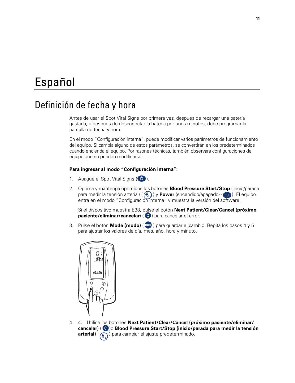 Definición de fecha y hora, Español | Welch Allyn Spot Vital Signs Monitor, Reset Time and Date Post Battery Replacement or Removal - Quick Reference Guide User Manual | Page 11 / 26