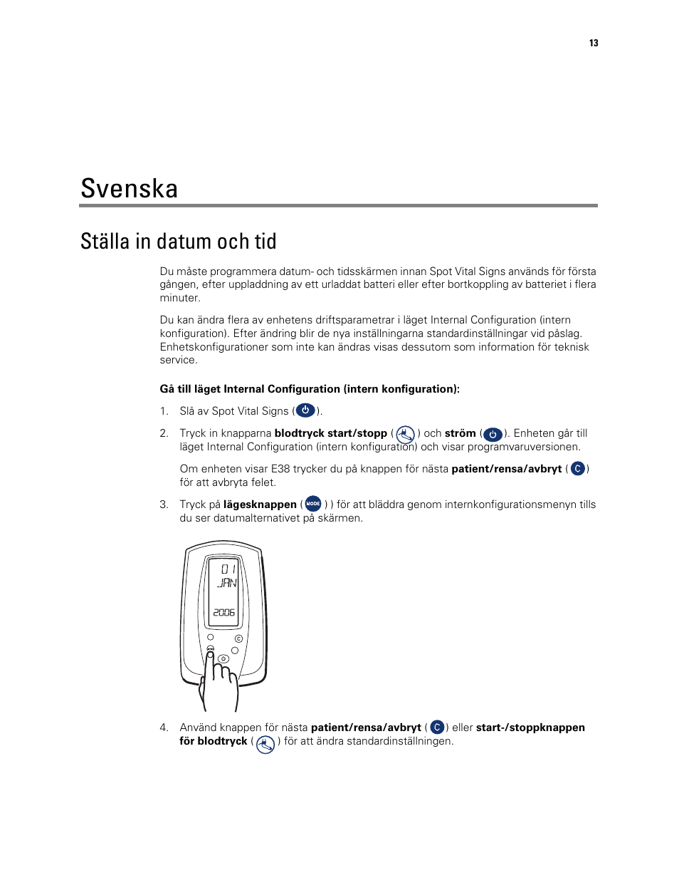 Ställa in datum och tid, Svenska | Welch Allyn Spot Vital Signs Monitor, Reset Time and Date Post Battery Replacement or Removal - Quick Reference Guide User Manual | Page 13 / 26