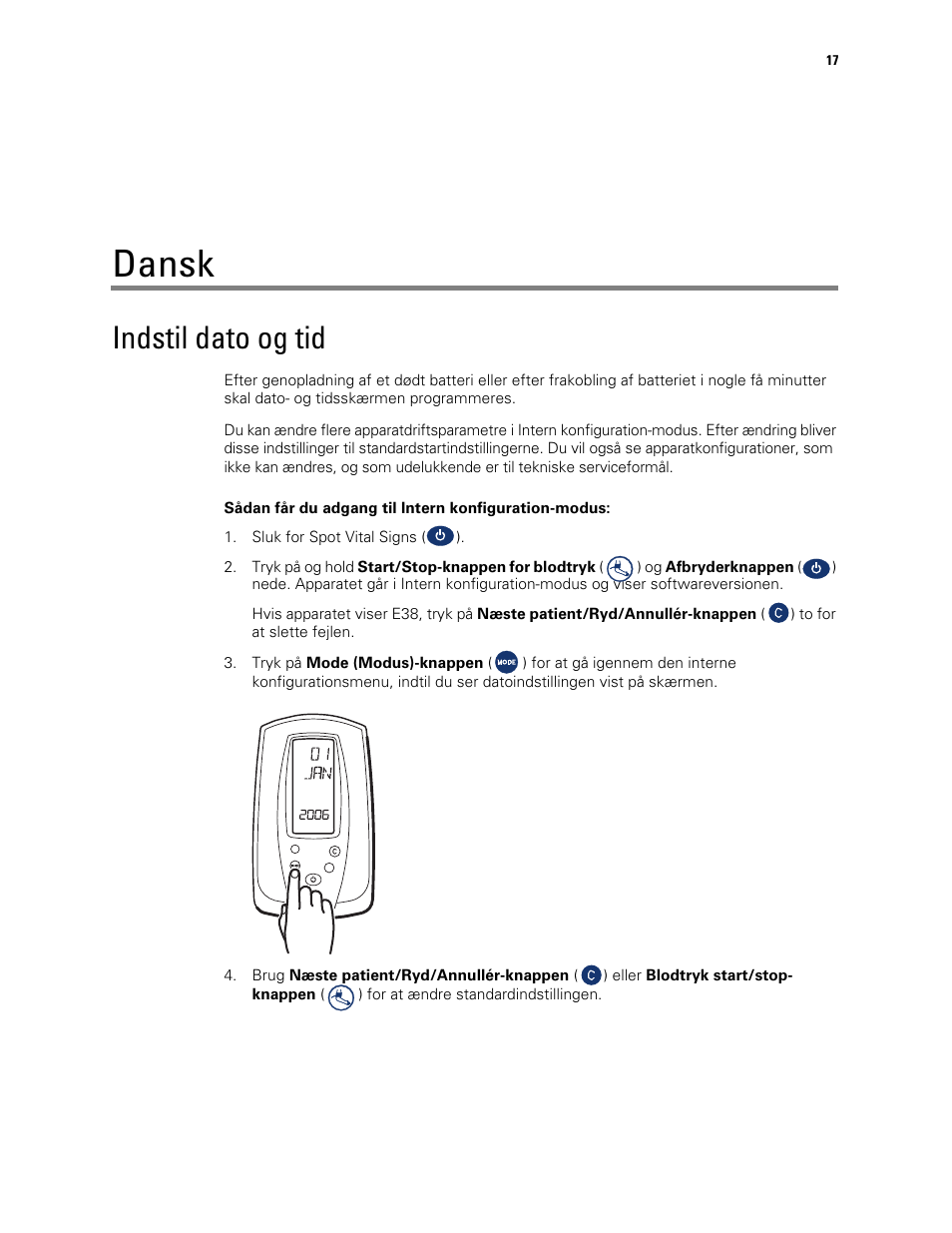 Indstil dato og tid, Dansk | Welch Allyn Spot Vital Signs Monitor, Reset Time and Date Post Battery Replacement or Removal - Quick Reference Guide User Manual | Page 17 / 26