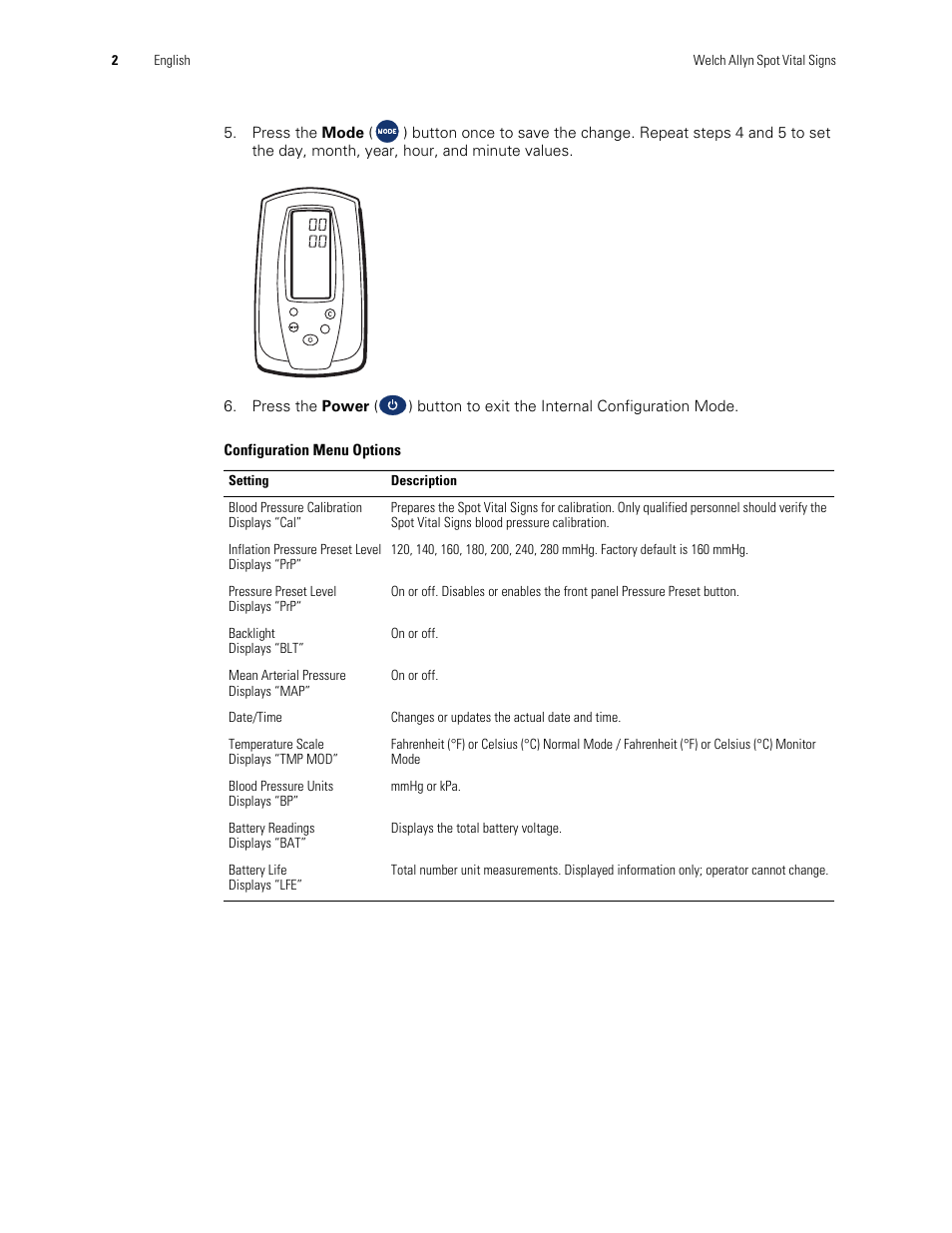 Welch Allyn Spot Vital Signs Monitor, Reset Time and Date Post Battery Replacement or Removal - Quick Reference Guide User Manual | Page 2 / 26