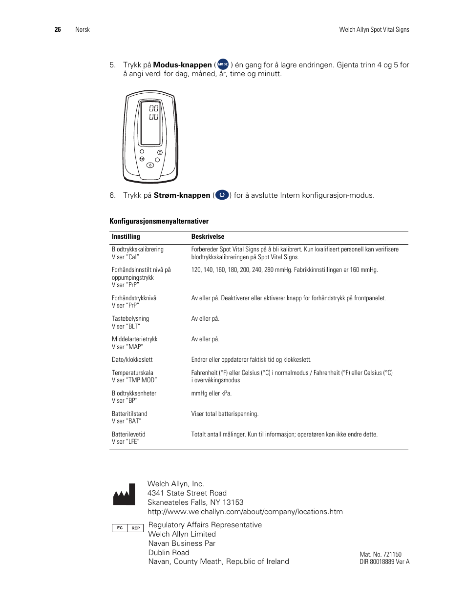 Welch Allyn Spot Vital Signs Monitor, Reset Time and Date Post Battery Replacement or Removal - Quick Reference Guide User Manual | Page 26 / 26