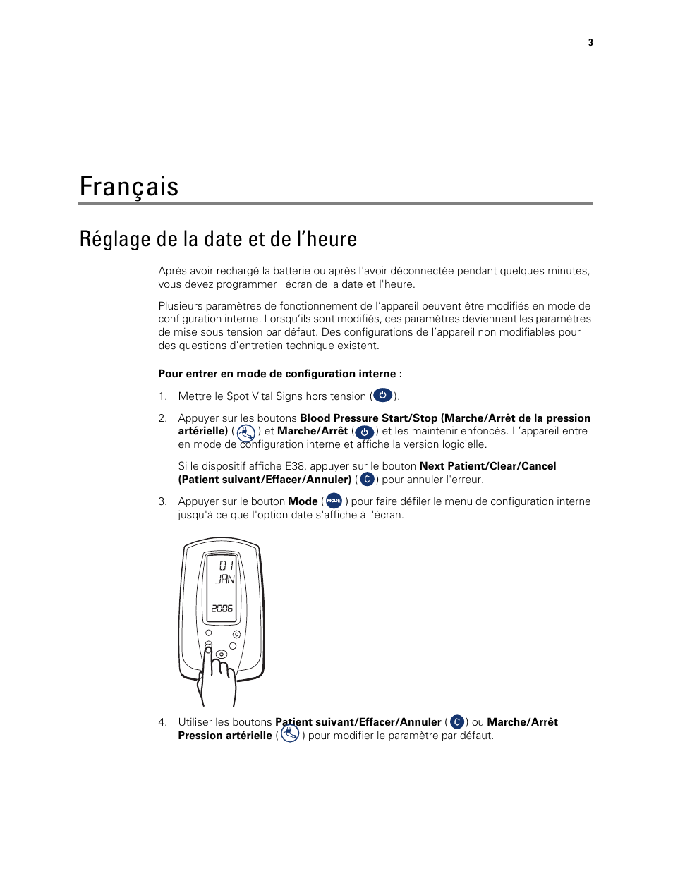 Réglage de la date et de l’heure, Français | Welch Allyn Spot Vital Signs Monitor, Reset Time and Date Post Battery Replacement or Removal - Quick Reference Guide User Manual | Page 3 / 26