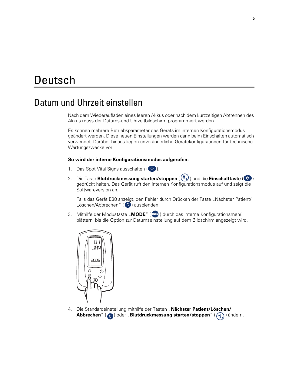 Datum und uhrzeit einstellen, Deutsch | Welch Allyn Spot Vital Signs Monitor, Reset Time and Date Post Battery Replacement or Removal - Quick Reference Guide User Manual | Page 5 / 26