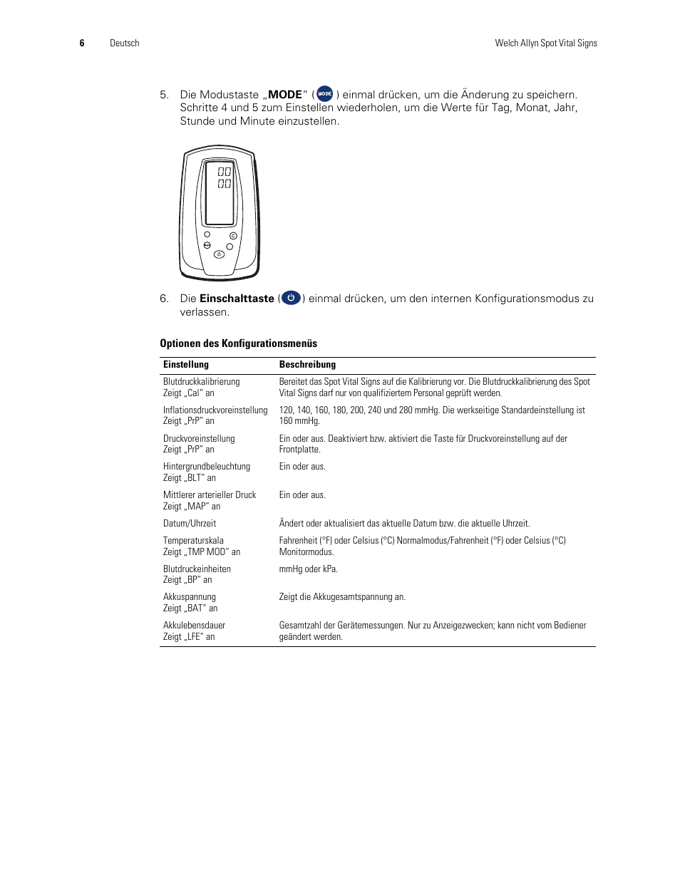 Welch Allyn Spot Vital Signs Monitor, Reset Time and Date Post Battery Replacement or Removal - Quick Reference Guide User Manual | Page 6 / 26