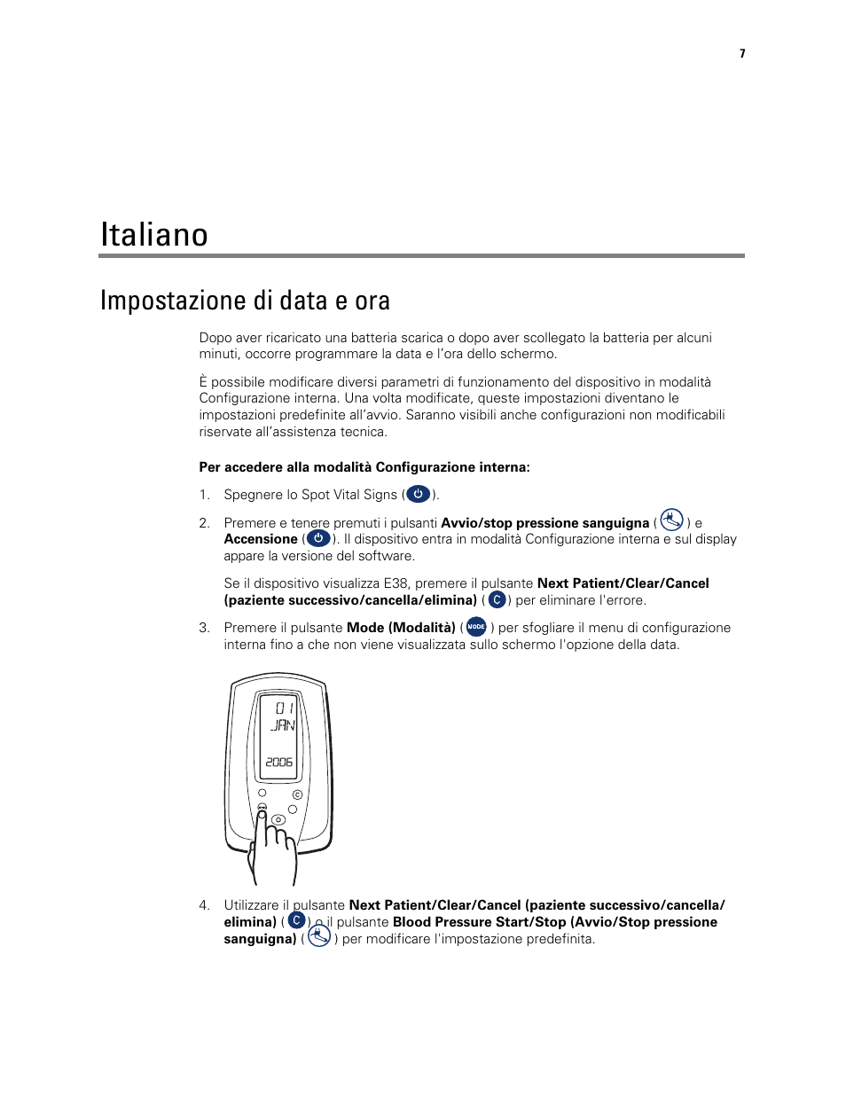 Impostazione di data e ora, Italiano | Welch Allyn Spot Vital Signs Monitor, Reset Time and Date Post Battery Replacement or Removal - Quick Reference Guide User Manual | Page 7 / 26
