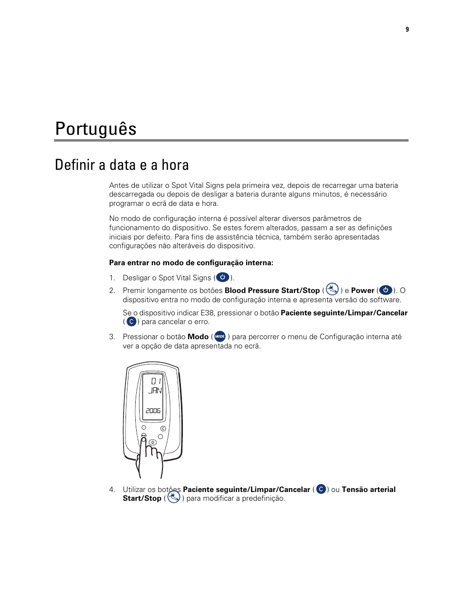 Definir a data e a hora, Português | Welch Allyn Spot Vital Signs Monitor, Reset Time and Date Post Battery Replacement or Removal - Quick Reference Guide User Manual | Page 9 / 26