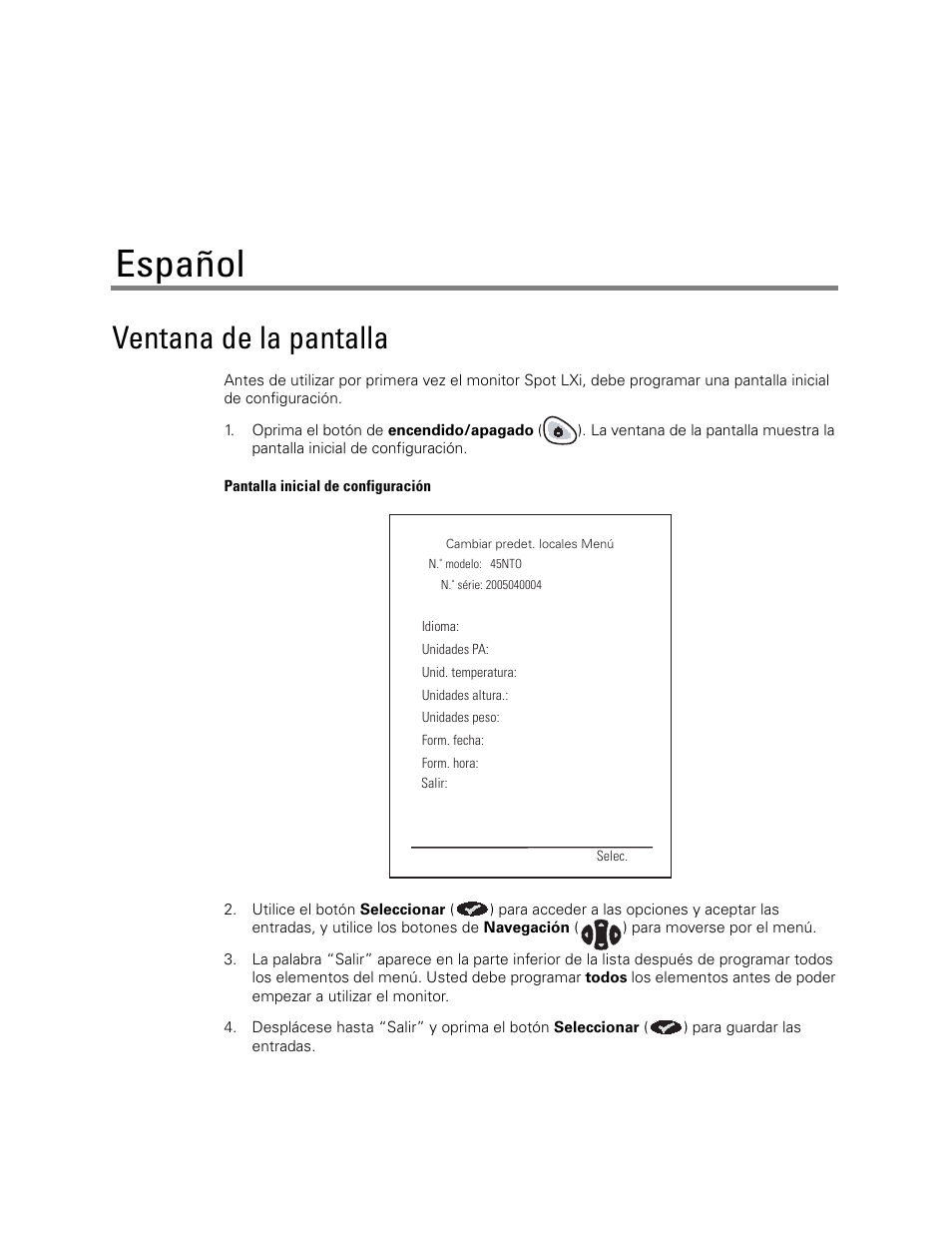 Español, Ventana de la pantalla | Welch Allyn Spot LXI Initial Time and Date Setting - Quick Reference Guide User Manual | Page 11 / 24