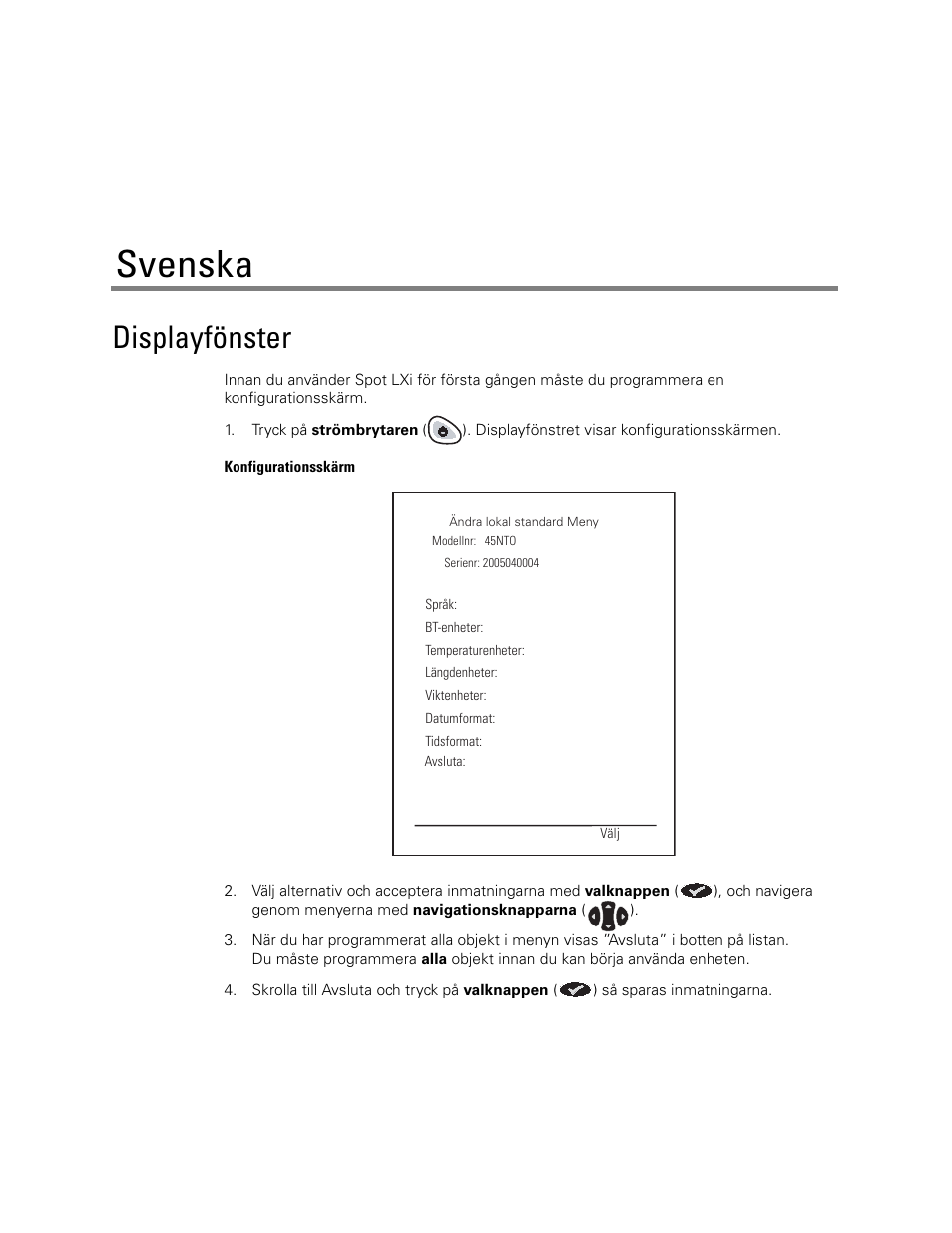 Svenska, Displayfönster | Welch Allyn Spot LXI Initial Time and Date Setting - Quick Reference Guide User Manual | Page 13 / 24