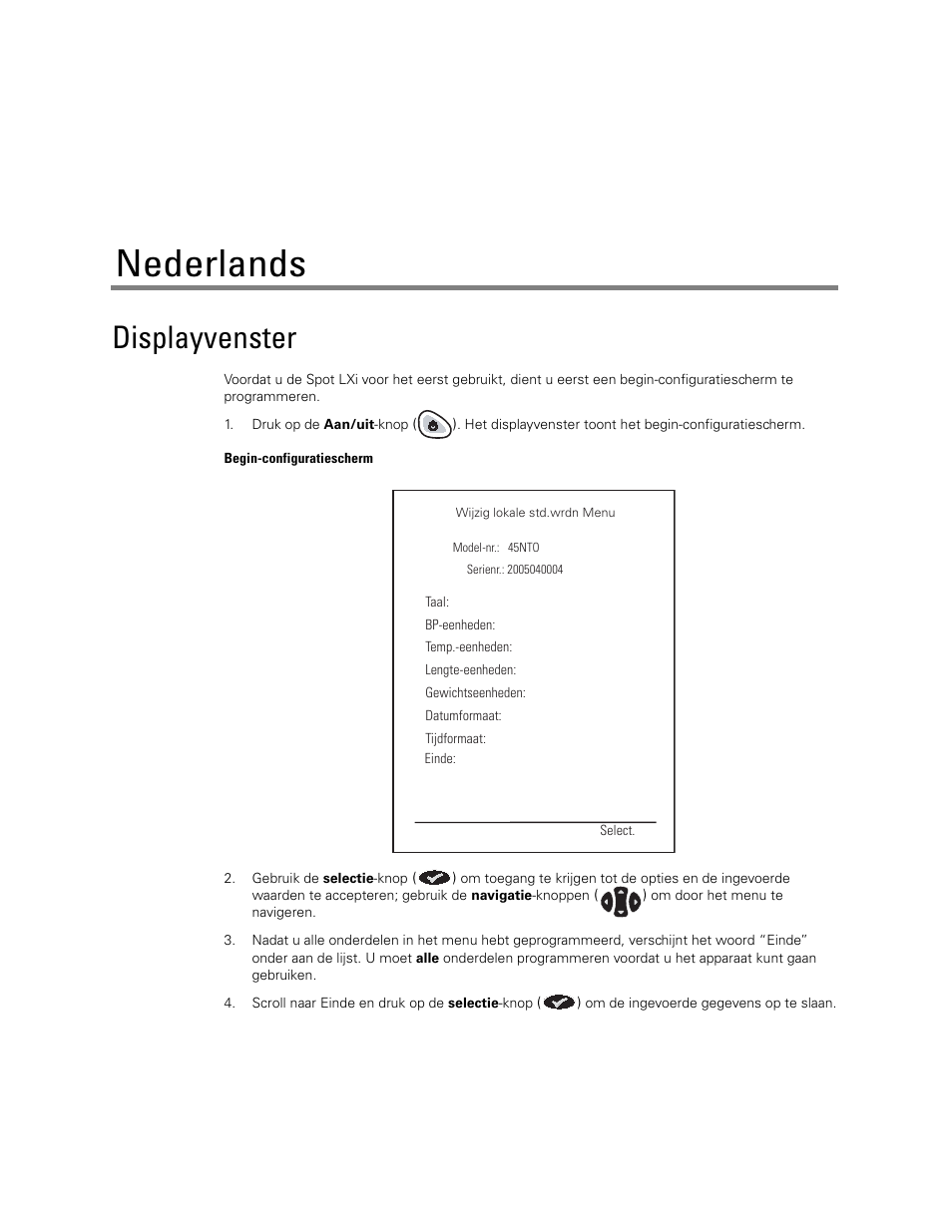 Nederlands, Displayvenster | Welch Allyn Spot LXI Initial Time and Date Setting - Quick Reference Guide User Manual | Page 19 / 24