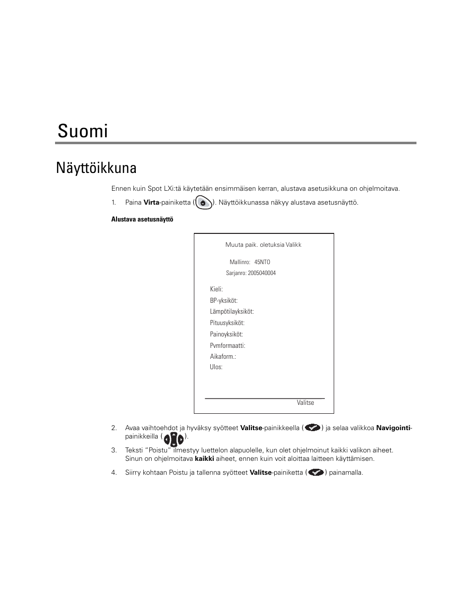 Suomi, Näyttöikkuna | Welch Allyn Spot LXI Initial Time and Date Setting - Quick Reference Guide User Manual | Page 21 / 24