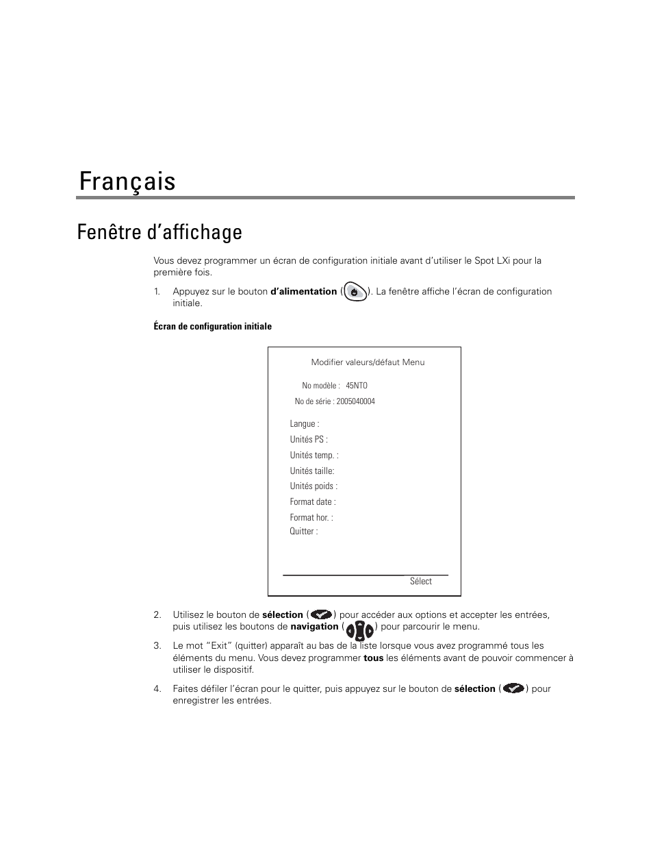 Français, Fenêtre d’affichage | Welch Allyn Spot LXI Initial Time and Date Setting - Quick Reference Guide User Manual | Page 3 / 24