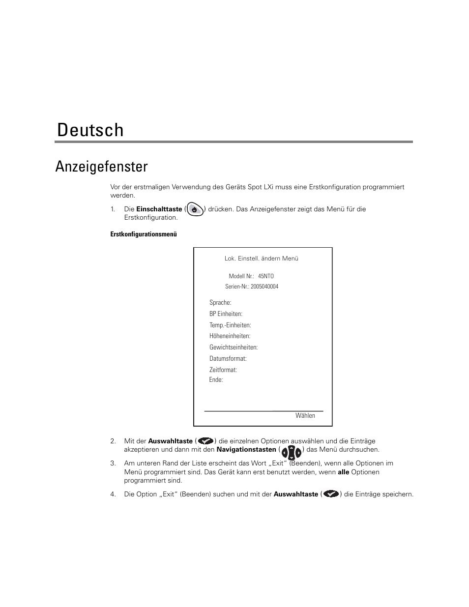 Deutsch, Anzeigefenster | Welch Allyn Spot LXI Initial Time and Date Setting - Quick Reference Guide User Manual | Page 5 / 24