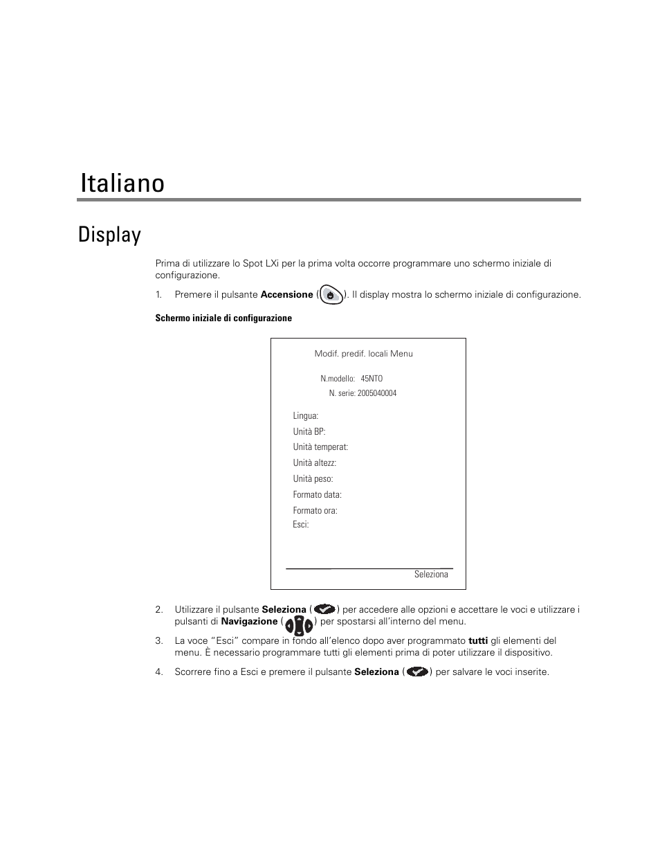 Italiano, Display | Welch Allyn Spot LXI Initial Time and Date Setting - Quick Reference Guide User Manual | Page 7 / 24