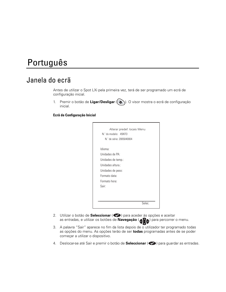 Português, Janela do ecrã | Welch Allyn Spot LXI Initial Time and Date Setting - Quick Reference Guide User Manual | Page 9 / 24