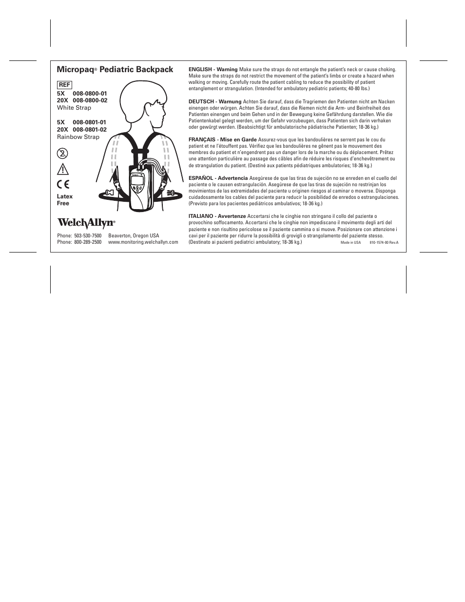 Welch Allyn Micropaq Pediatric Backpack 810-1574-00 Reva - Quick Reference Guide User Manual | 1 page