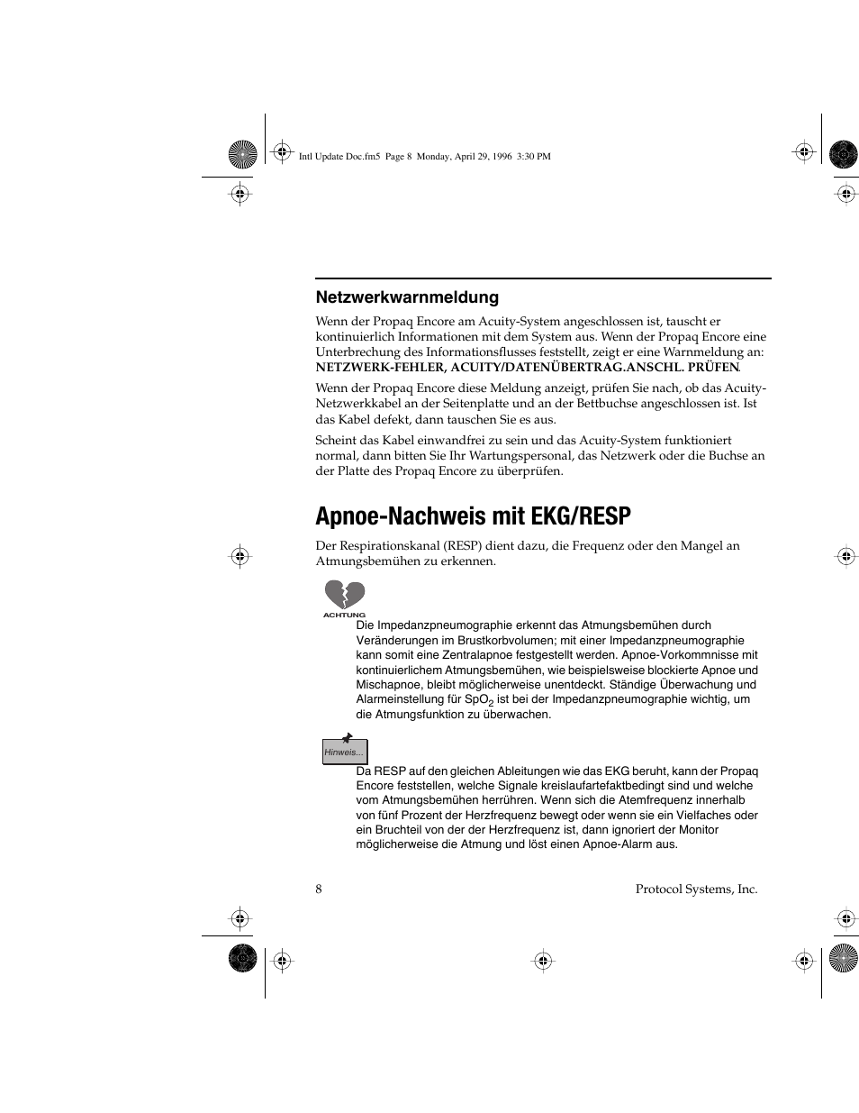 Apnoe-nachweis mit ekg/resp, Netzwerkwarnmeldung | Welch Allyn Propaq Encore Update - Quick Reference Guide User Manual | Page 10 / 60