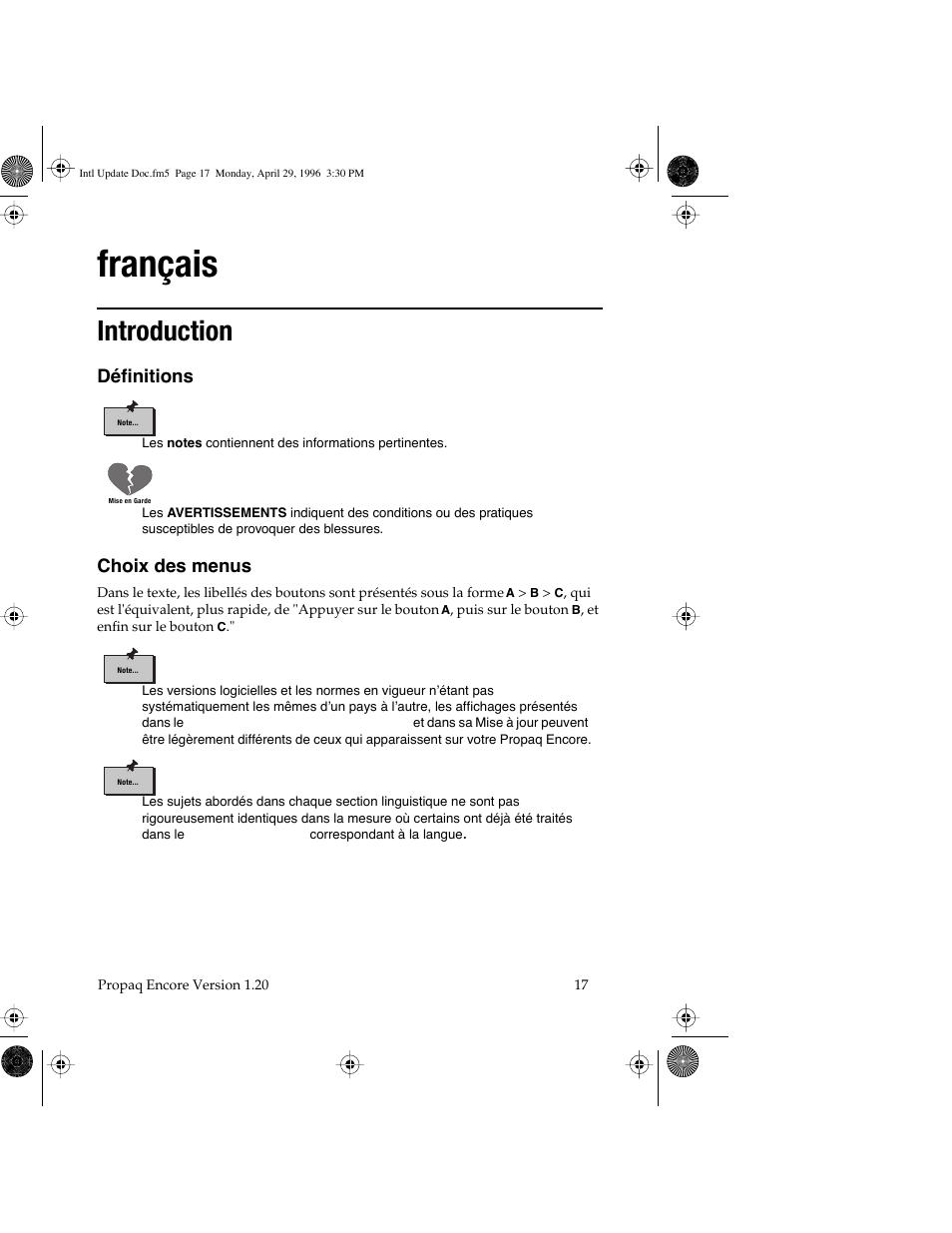 Français, Introduction, Définitions | Choix des menus | Welch Allyn Propaq Encore Update - Quick Reference Guide User Manual | Page 19 / 60