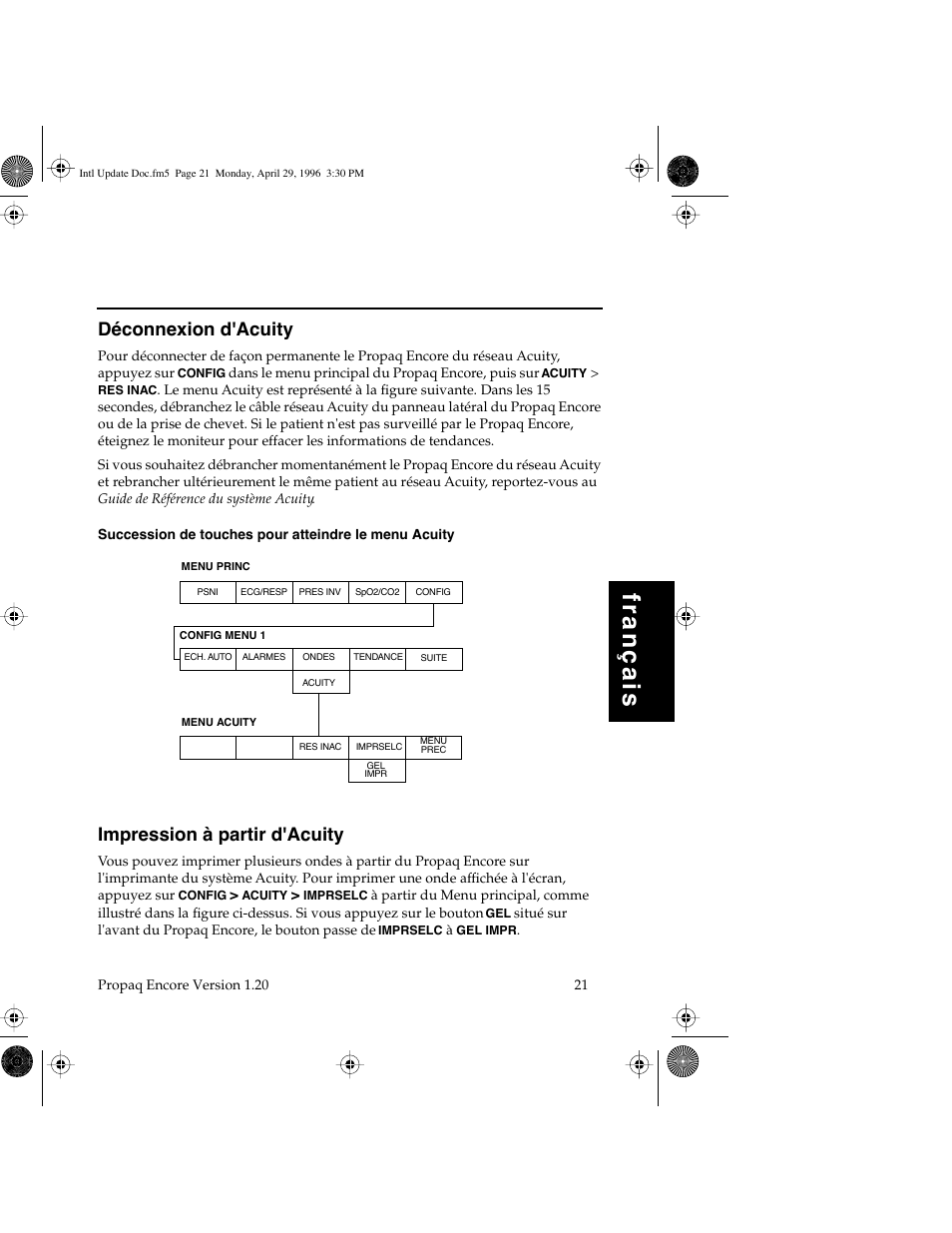 Français, Déconnexion d'acuity, Impression à partir d'acuity | Welch Allyn Propaq Encore Update - Quick Reference Guide User Manual | Page 23 / 60