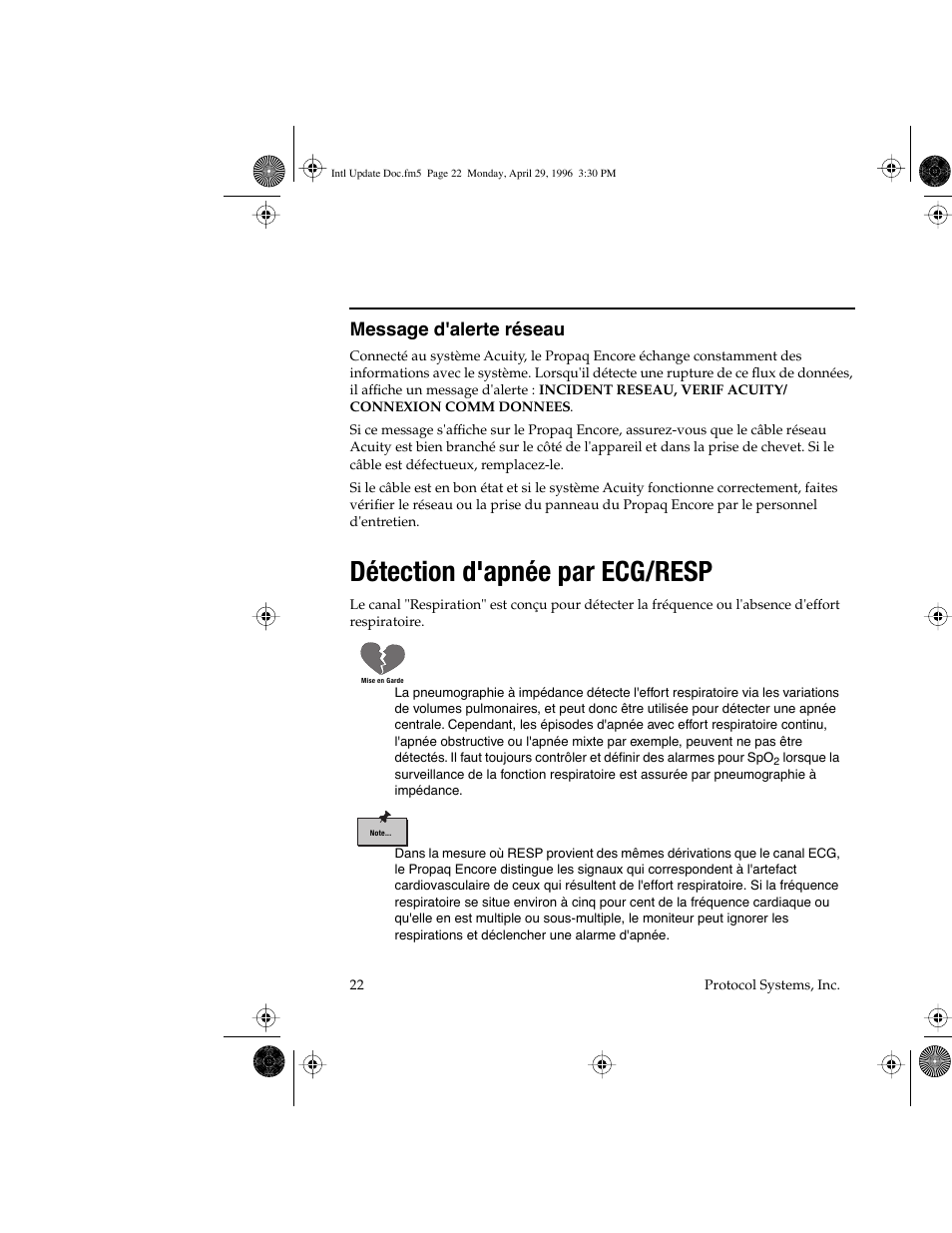 Détection d'apnée par ecg/resp, Message d'alerte réseau | Welch Allyn Propaq Encore Update - Quick Reference Guide User Manual | Page 24 / 60