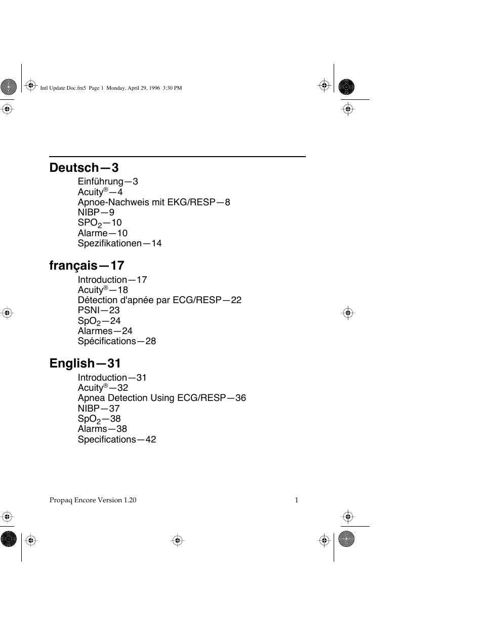 Deutsch—3, Français—17, English—31 | Welch Allyn Propaq Encore Update - Quick Reference Guide User Manual | Page 3 / 60