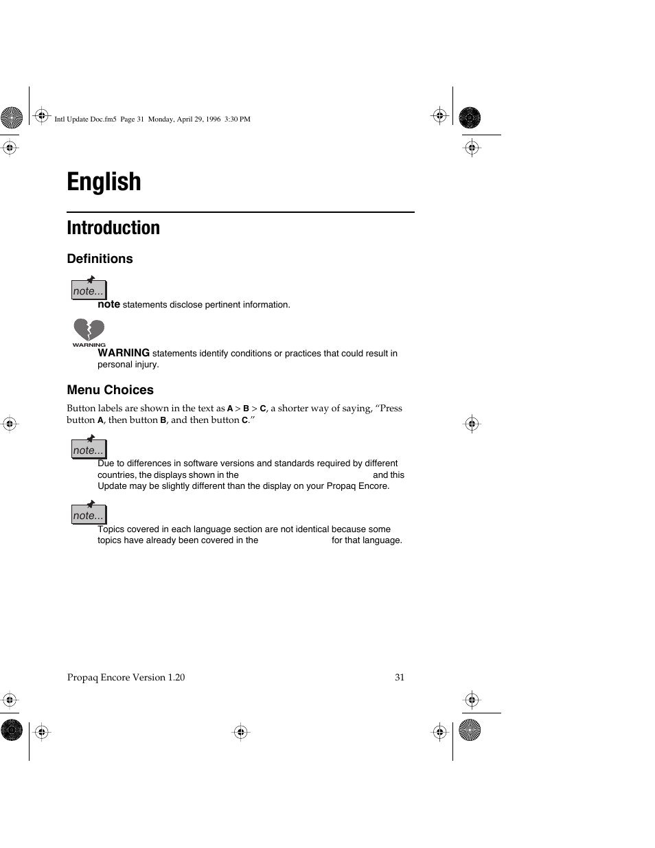English, Introduction, Definitions | Menu choices | Welch Allyn Propaq Encore Update - Quick Reference Guide User Manual | Page 33 / 60