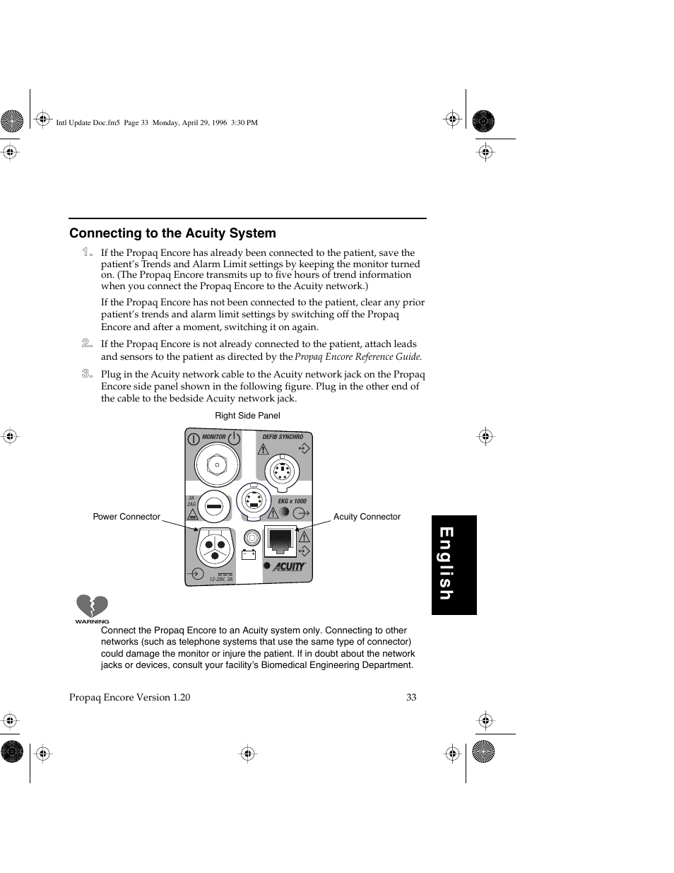 English, Connecting to the acuity system | Welch Allyn Propaq Encore Update - Quick Reference Guide User Manual | Page 35 / 60