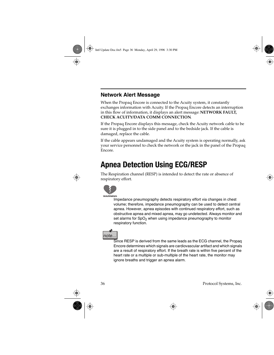 Apnea detection using ecg/resp, Network alert message | Welch Allyn Propaq Encore Update - Quick Reference Guide User Manual | Page 38 / 60