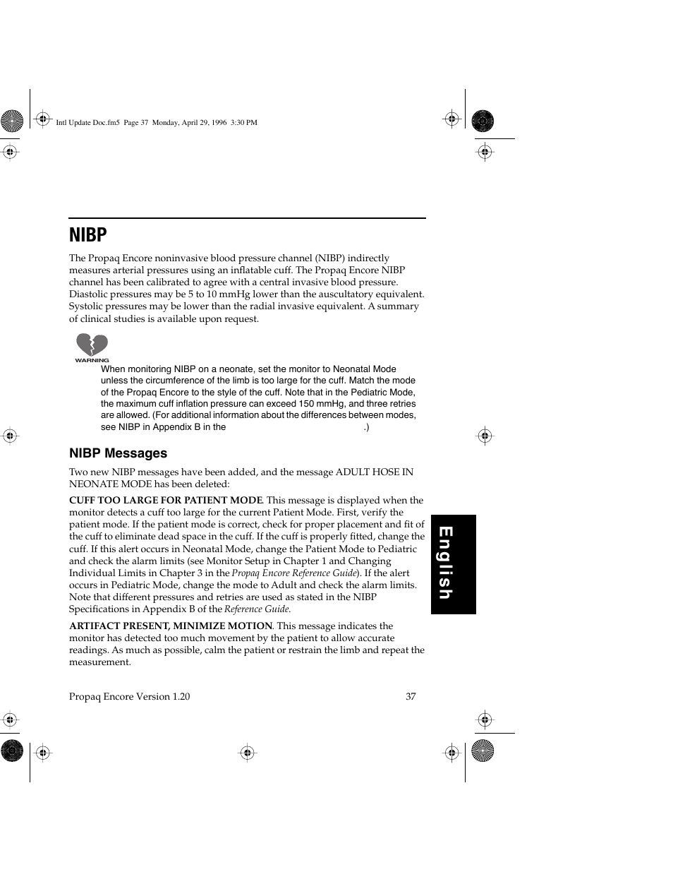 Nibp, English | Welch Allyn Propaq Encore Update - Quick Reference Guide User Manual | Page 39 / 60