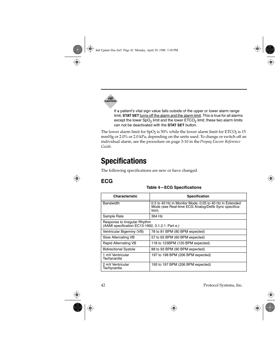 Specifications | Welch Allyn Propaq Encore Update - Quick Reference Guide User Manual | Page 44 / 60