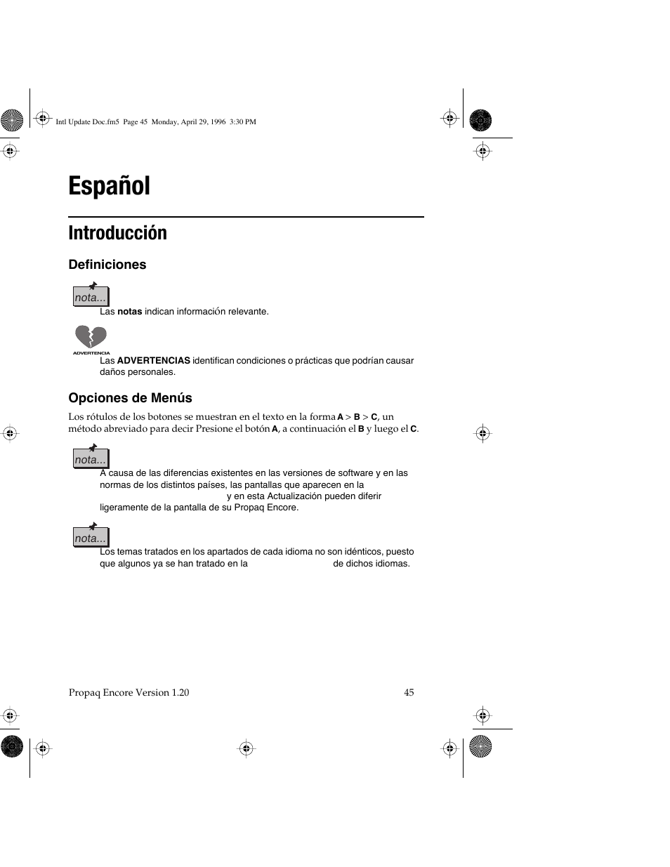 Español, Introducción, Definiciones | Opciones de menús | Welch Allyn Propaq Encore Update - Quick Reference Guide User Manual | Page 47 / 60