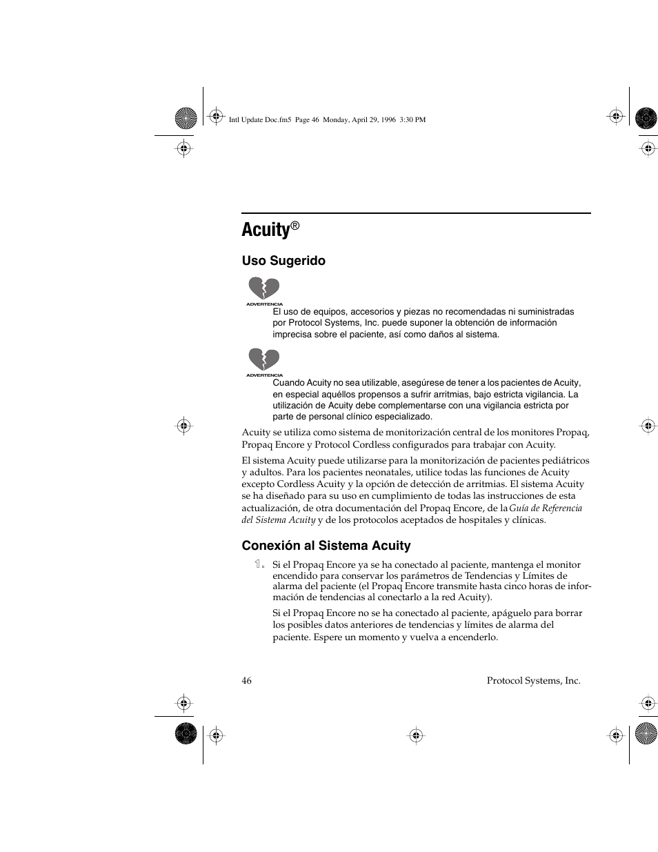Acuity, Uso sugerido, Conexión al sistema acuity | Welch Allyn Propaq Encore Update - Quick Reference Guide User Manual | Page 48 / 60