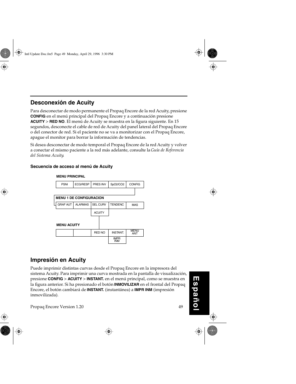 Español, Desconexión de acuity, Impresión en acuity | Welch Allyn Propaq Encore Update - Quick Reference Guide User Manual | Page 51 / 60