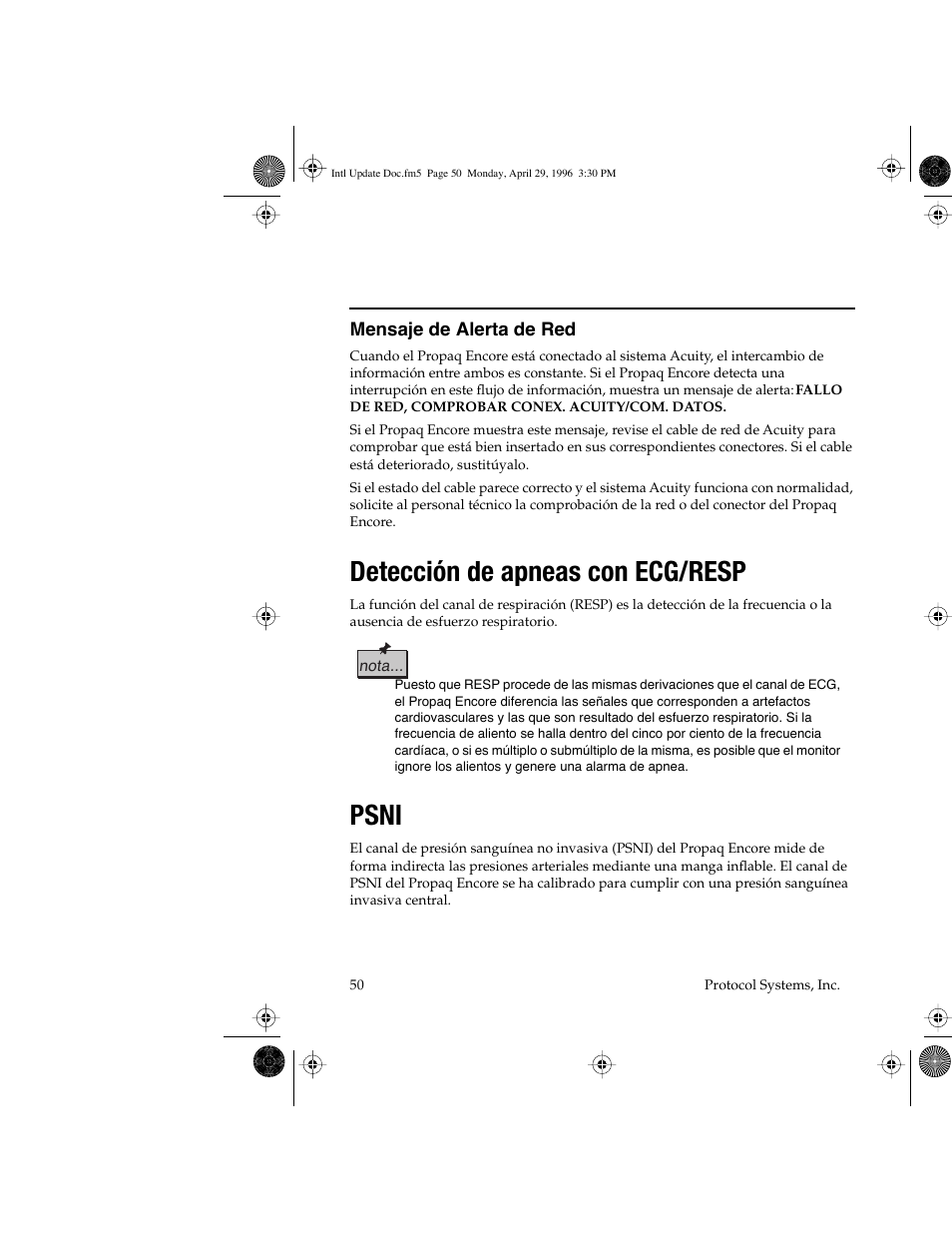 Detección de apneas con ecg/resp, Psni | Welch Allyn Propaq Encore Update - Quick Reference Guide User Manual | Page 52 / 60