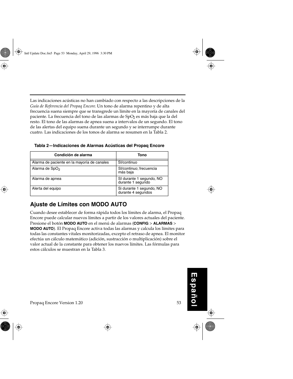 Español, Ajuste de límites con modo auto | Welch Allyn Propaq Encore Update - Quick Reference Guide User Manual | Page 55 / 60