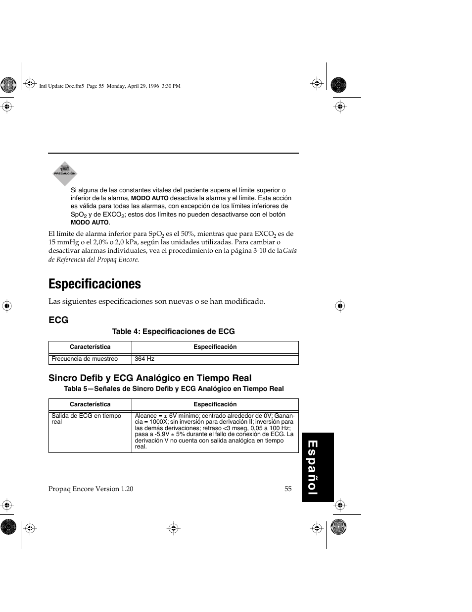 Especificaciones, Español, Ecg sincro defib y ecg analógico en tiempo real | Welch Allyn Propaq Encore Update - Quick Reference Guide User Manual | Page 57 / 60