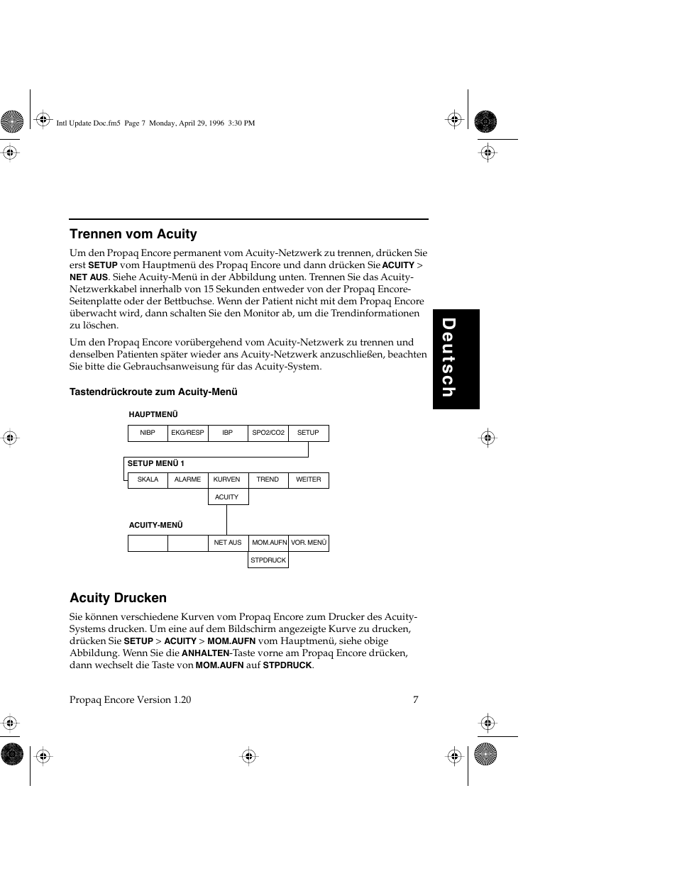 Deutsc h, Trennen vom acuity, Acuity drucken | Welch Allyn Propaq Encore Update - Quick Reference Guide User Manual | Page 9 / 60