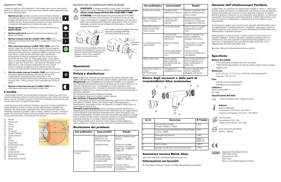 L’occhio, Riparazioni, Pulizia e disinfezione | Informazioni sui brevetti, Garanzia dell’oftalmoscopio panoptic, Specifiche | Welch Allyn Panoptic Ophthalmoscope - Quick Reference Guide User Manual | Page 10 / 36